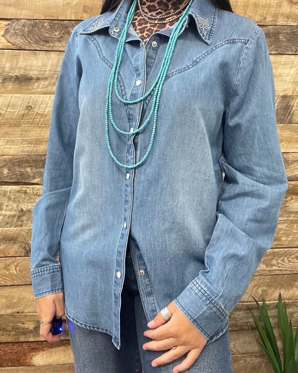 The Boot Stitch Denim Pearl Snap Cardigan Top – CrissCross Chaos