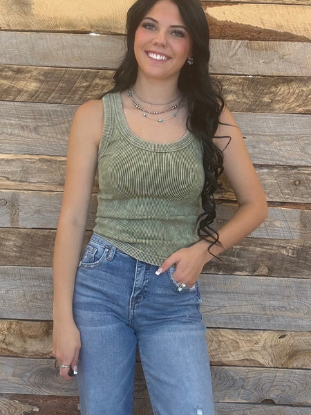The Talk To Me Ash Olive Tank Top