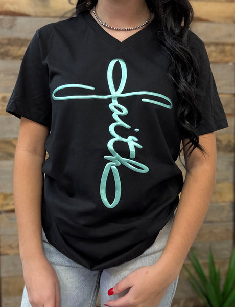 The Faith Puff Black V Neck Tee