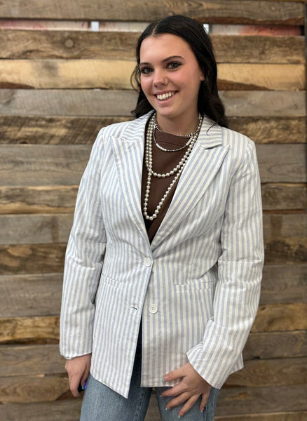 The Striped Woven Light Denim Blazer