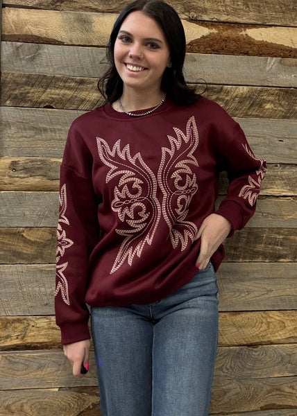 The Where Is It Boot Stitch Burgundy Sweatshirt