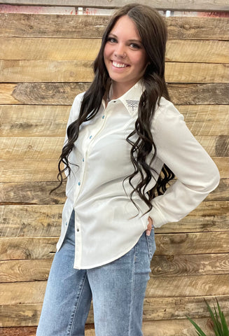 The Boot Stitch White Turquoise Snap Cardigan Top