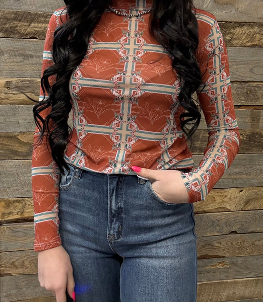 The Aztec Orange Mesh Top