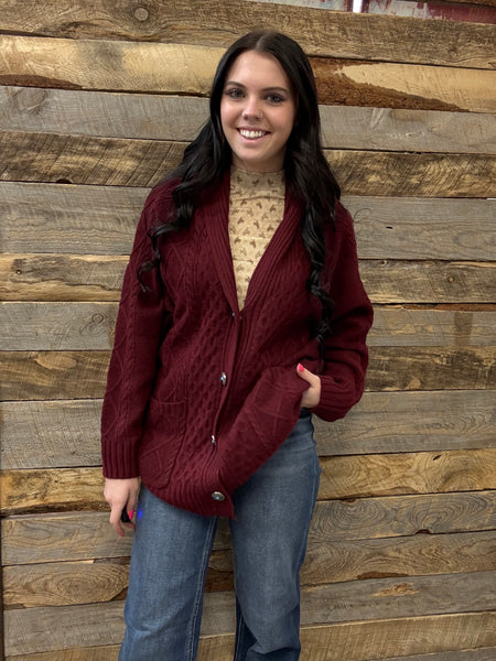 The Come Here Cable Knit Concho Burgundy Sweater Cardigan