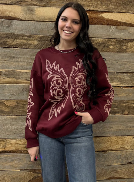 The Where Is It Boot Stitch Burgundy Sweatshirt