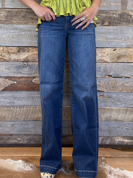 The Cloe Mid Rise Wide Leg Iron Press Dark Jean