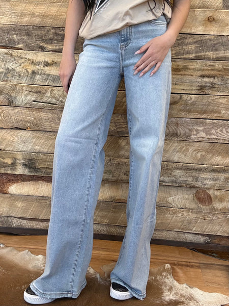 The Mistie High Rise Wide Leg Distressed Seam Jeans