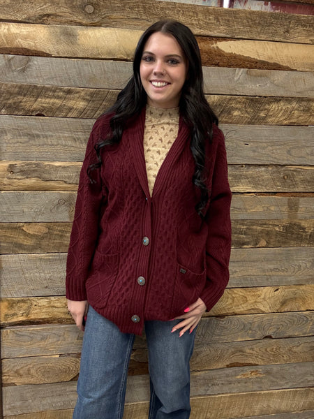 The Come Here Cable Knit Concho Burgundy Sweater Cardigan