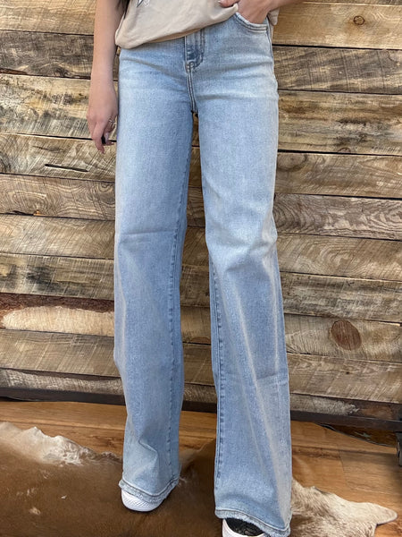 The Mistie High Rise Wide Leg Distressed Seam Jeans