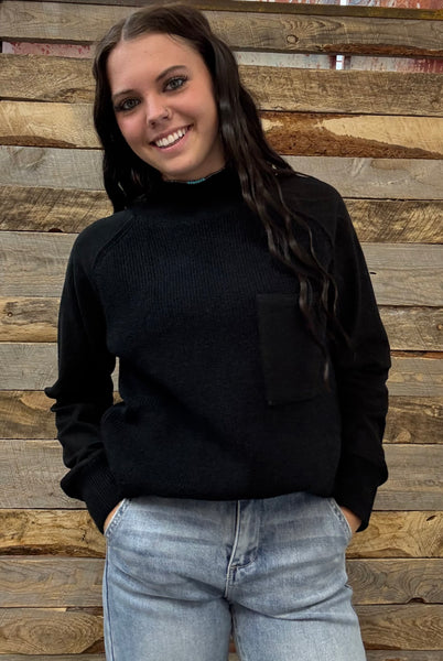 The Around Here Block Mock Neck Black Sweater