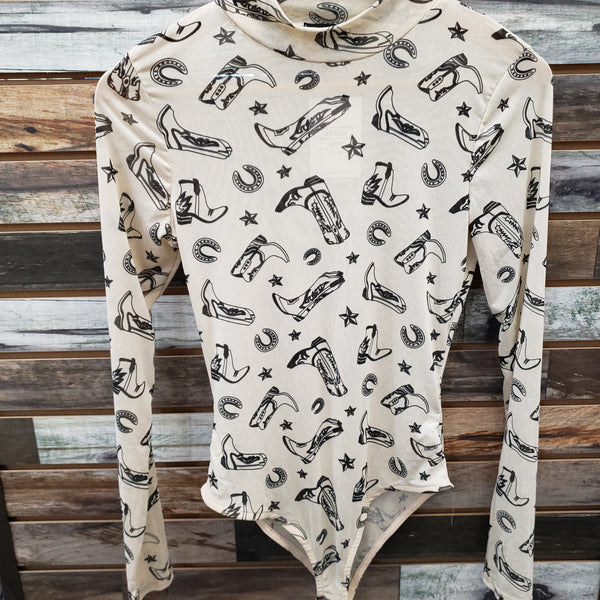 The Western Boots and Stars Tan Long Sleeved Mesh Bodysuit Top