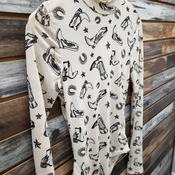 The Western Boots and Stars Tan Long Sleeved Mesh Bodysuit Top