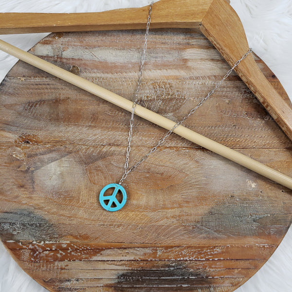The Simple Silver Chain With Turquoise Peace Sign Necklace
