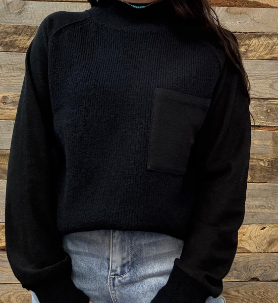 The Around Here Block Mock Neck Black Sweater