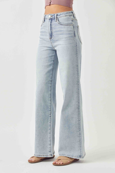 The Mistie High Rise Wide Leg Distressed Seam Jeans