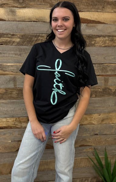 The Faith Puff Black V Neck Tee