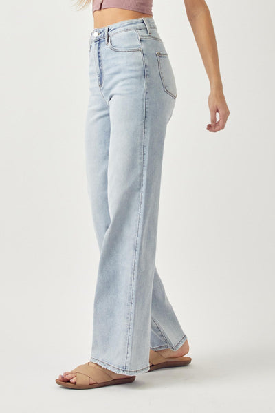 The Mistie High Rise Wide Leg Distressed Seam Jeans