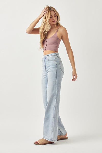 The Mistie High Rise Wide Leg Distressed Seam Jeans