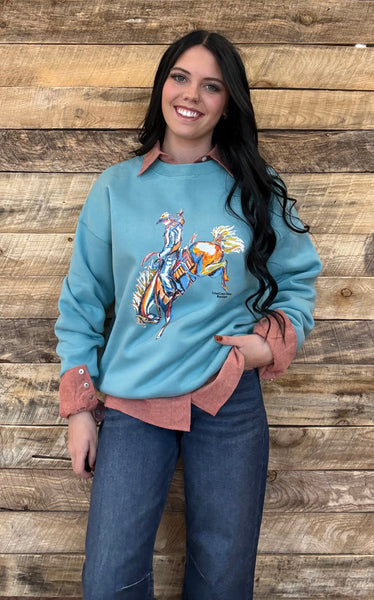 The Come Here CrissCross Chaos Bronc Steel Blue Sweatshirt