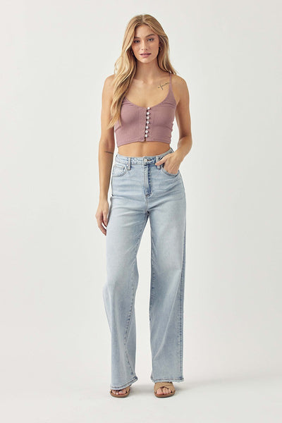 The Mistie High Rise Wide Leg Distressed Seam Jeans
