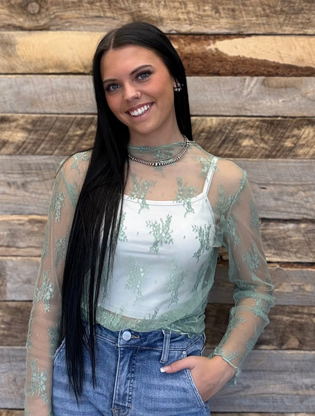 The Sage Green Lace Mesh Top