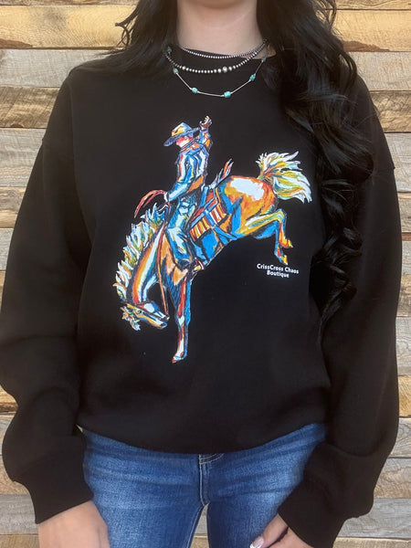 The Come Here CrissCross Chaos Bronc Black Sweatshirt