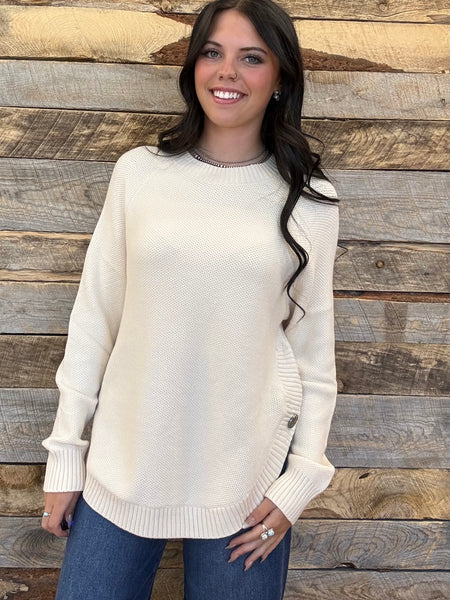 The Knitted Round Hem Sweater Buffalo Button Cream Sweater