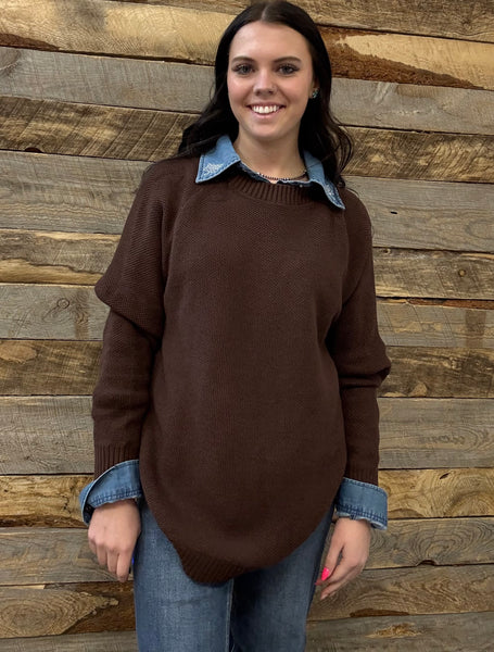 The Knitted Round Hem Sweater Buffalo Button Brown Sweater