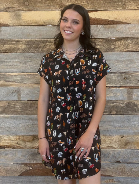 The Western Printed Button Down Black Tunic Dress
