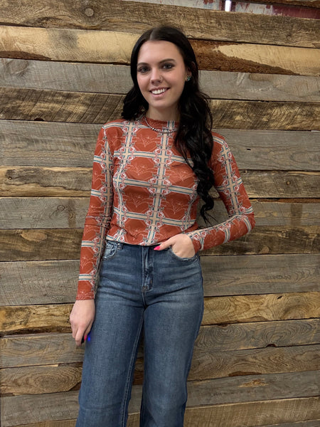 The Aztec Orange Mesh Top