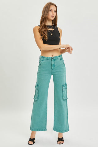 The Tullie High Rise Cargo Teal Dark Stitching Jeans