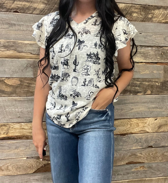 The Cowboy Cactus Ruffle Sleeved Top