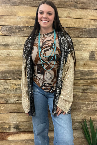 The Sequins and Tan Button Up Top