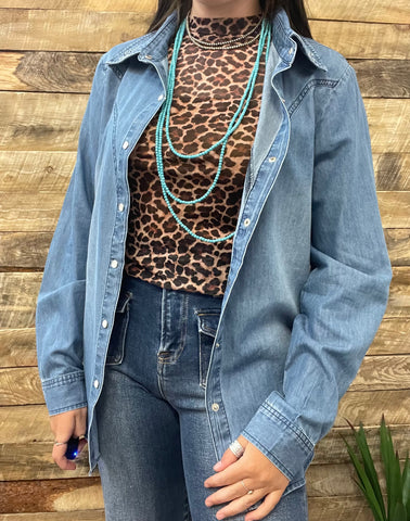 The Boot Stitch Denim Pearl Snap Cardigan Top