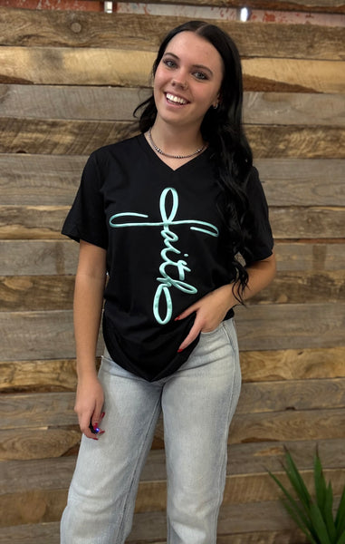The Faith Puff Black V Neck Tee