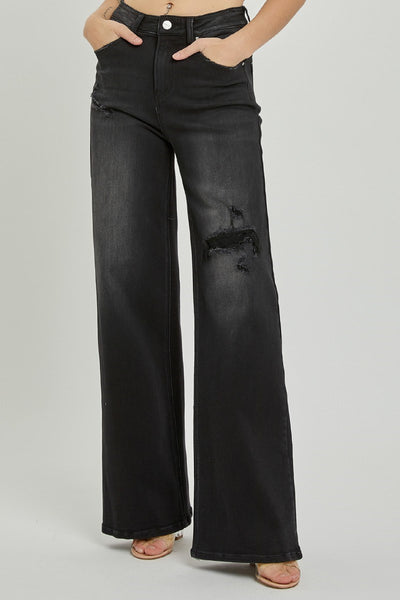 The Pippy High Rise Wide Leg Distressed Black Jeans