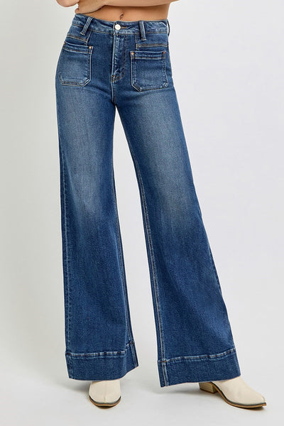 The Laken High Rise Wide Leg Flare Dark Jeans