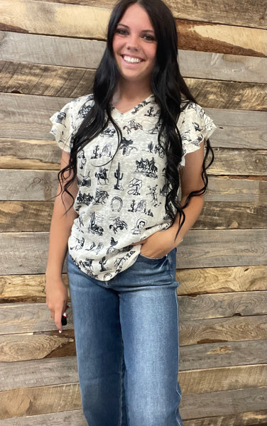 The Cowboy Cactus Ruffle Sleeved Top