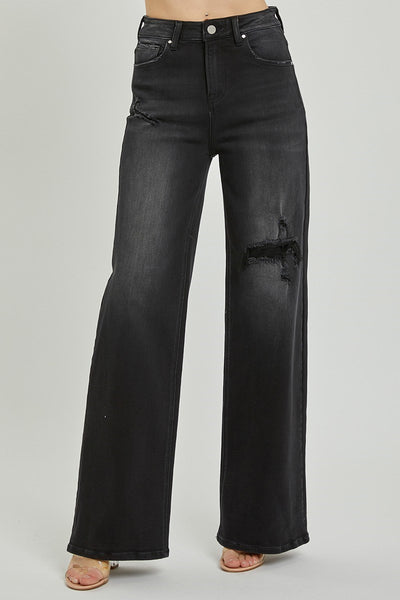 The Pippy High Rise Wide Leg Distressed Black Jeans