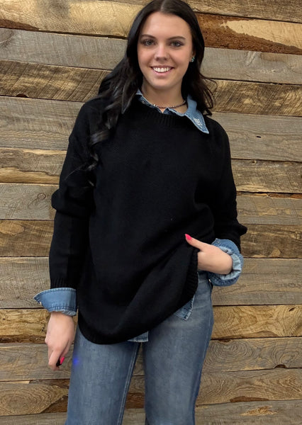The Knitted Round Hem Sweater Buffalo Button Black Sweater