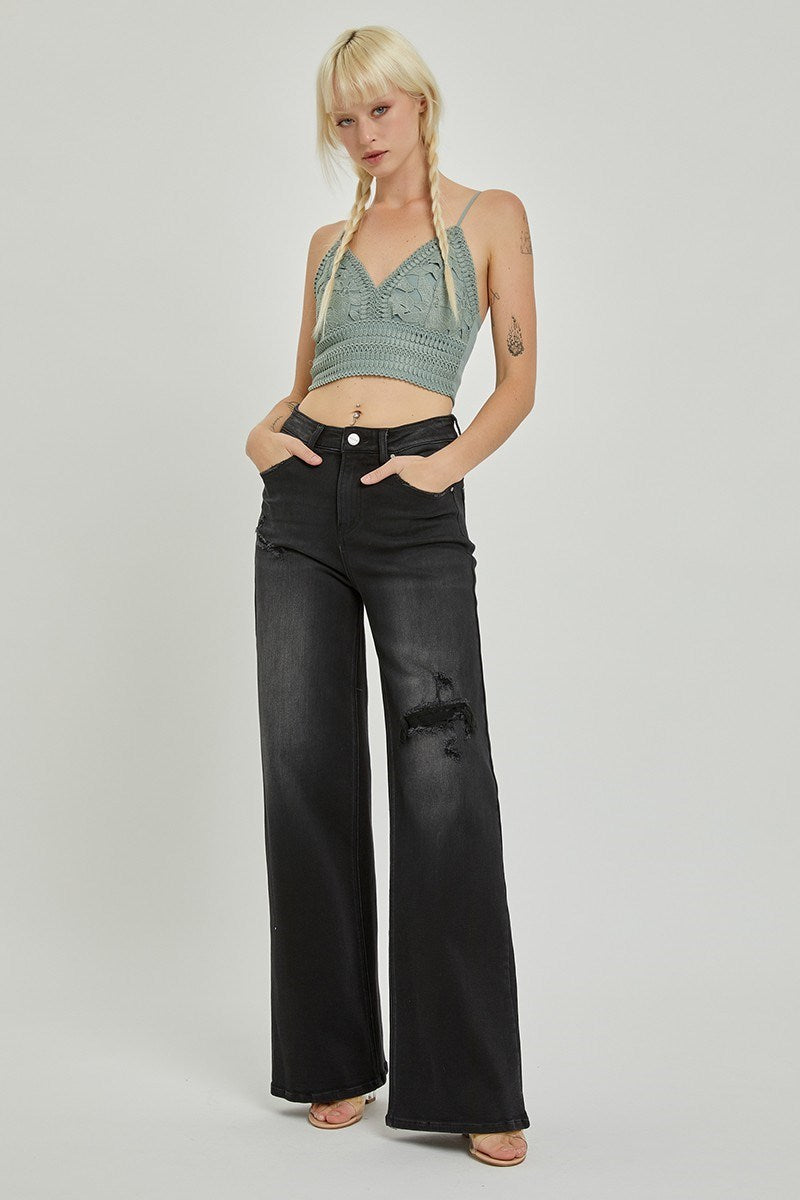 The Pippy High Rise Wide Leg Distressed Black Jeans