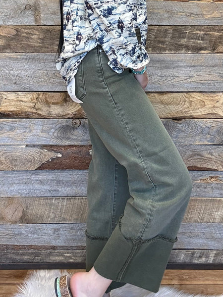 The Teagan Tummy Control Mid Rise Wide Crop Burnt Olive Jeans