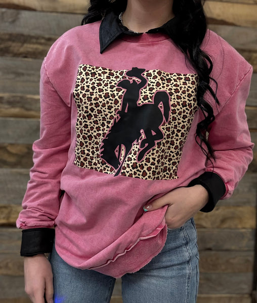 The CrissCross Chaos Leopard Bronc Pink Acid Wash Sweatshirt