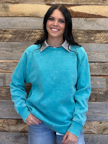 The We Went There Turquoise Acid Washed Fleece Sweatshirt