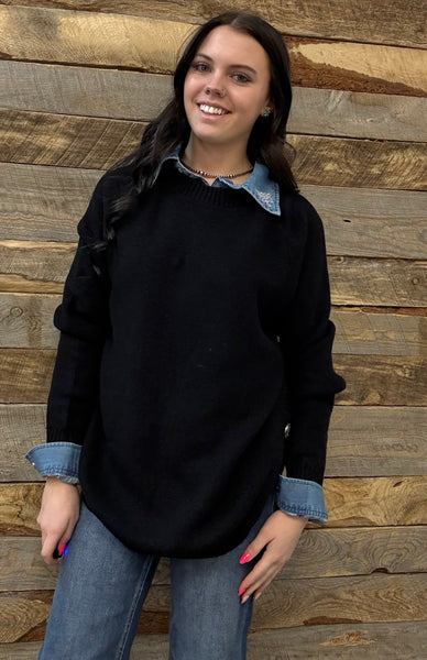 The Knitted Round Hem Sweater Buffalo Button Black Sweater