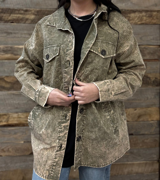 The Way To It Mineral Wash Button Olive Jacket