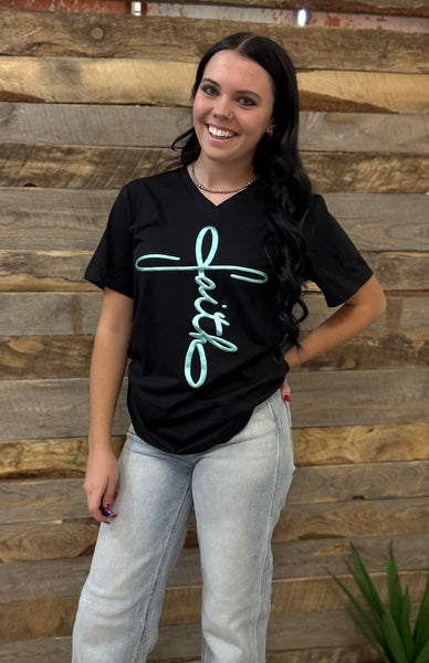 The Faith Puff Black V Neck Tee