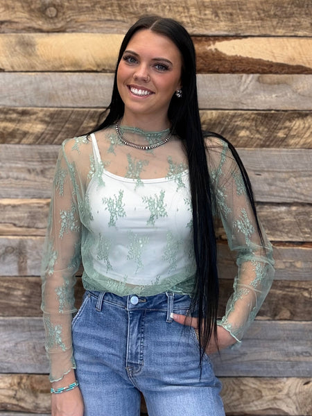 The Sage Green Lace Mesh Top