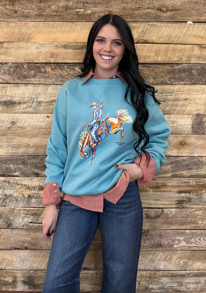 The Come Here CrissCross Chaos Bronc Steel Blue Sweatshirt
