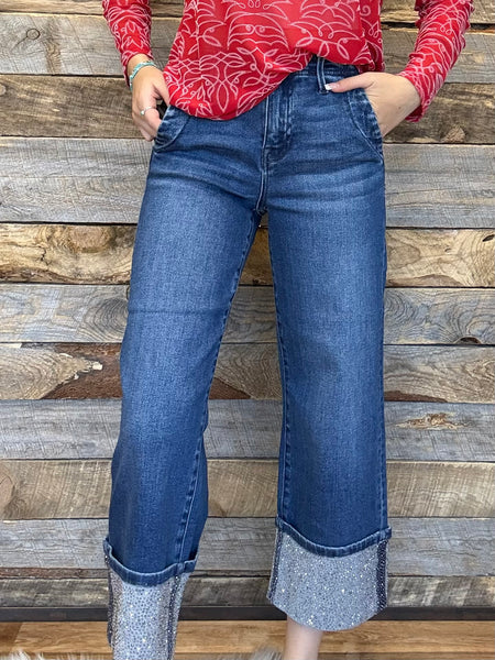 The Jill High Rise Wide Leg Rhinestone Jeans
